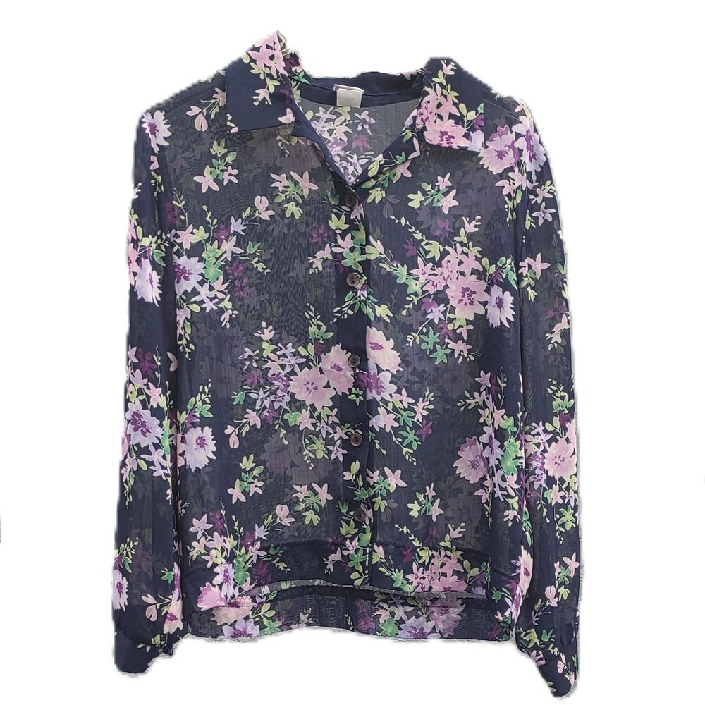 Vintage Haband! Blouse Sheer Navy Blue with Purple Flowers Green Leaves (Medium)